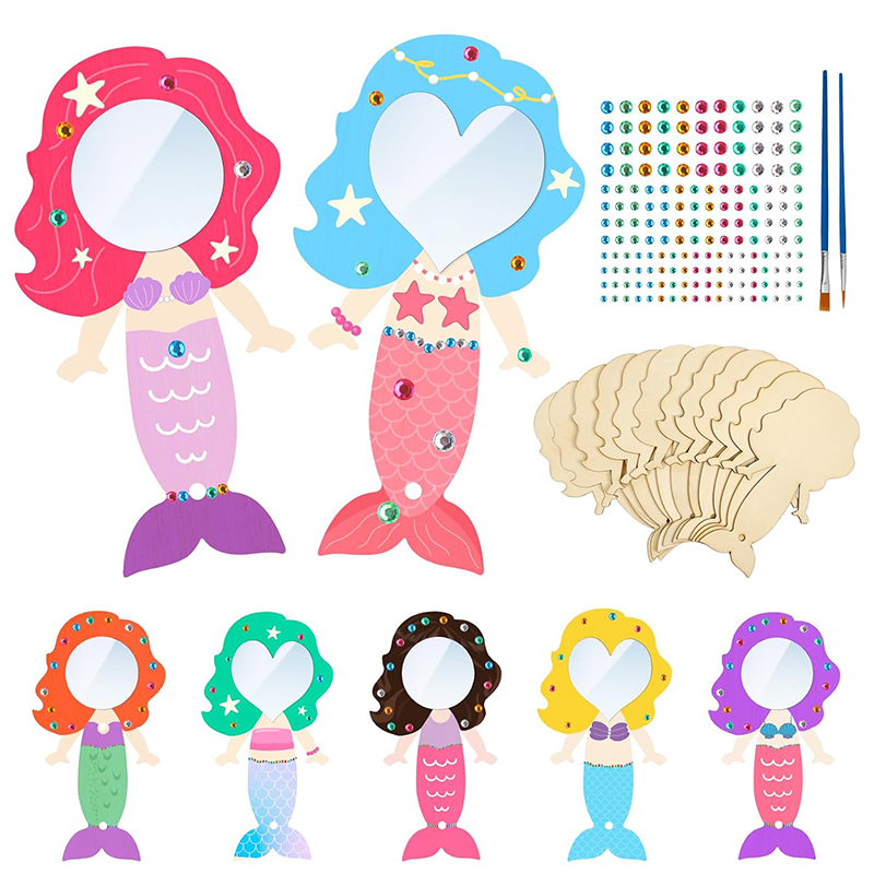 Home Improvement Kids - 12PCS Mermaid Wooden Mirror Handheld Handmade